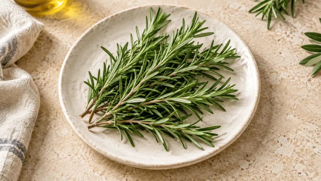 Brins de romarin frais sur une assiette en céramique