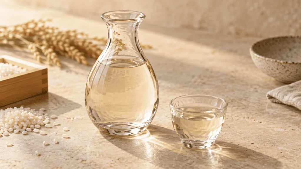 Saké de cuisine clair dans une carafe et une coupe en verre