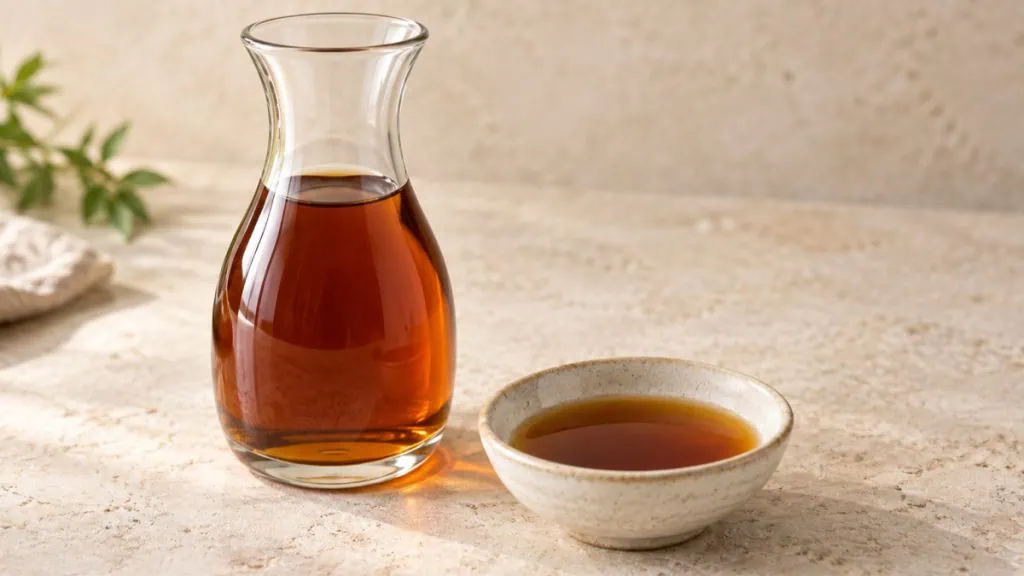 Sauce de poisson ambrée dans une carafe et une coupelle