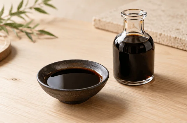 Sauce soja japonaise dans une coupelle