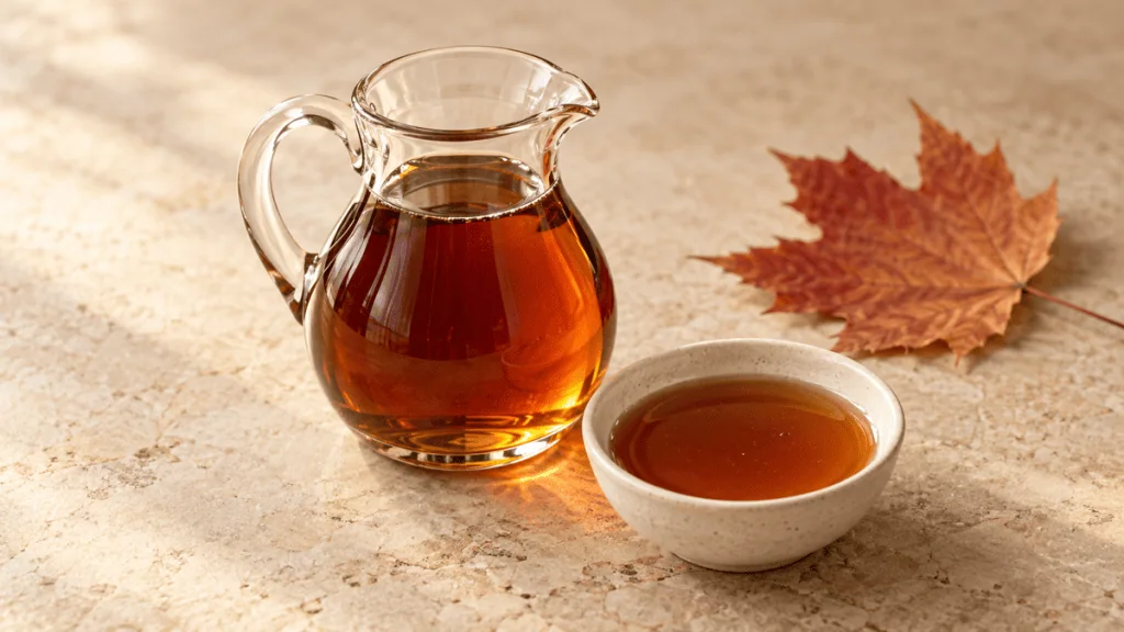 Sirop d’érable ambré dans un pichet en verre et un bol