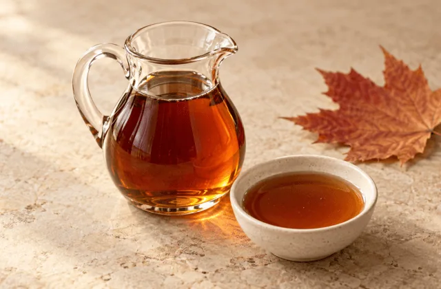 Sirop d’érable ambré dans un pichet en verre et un bol