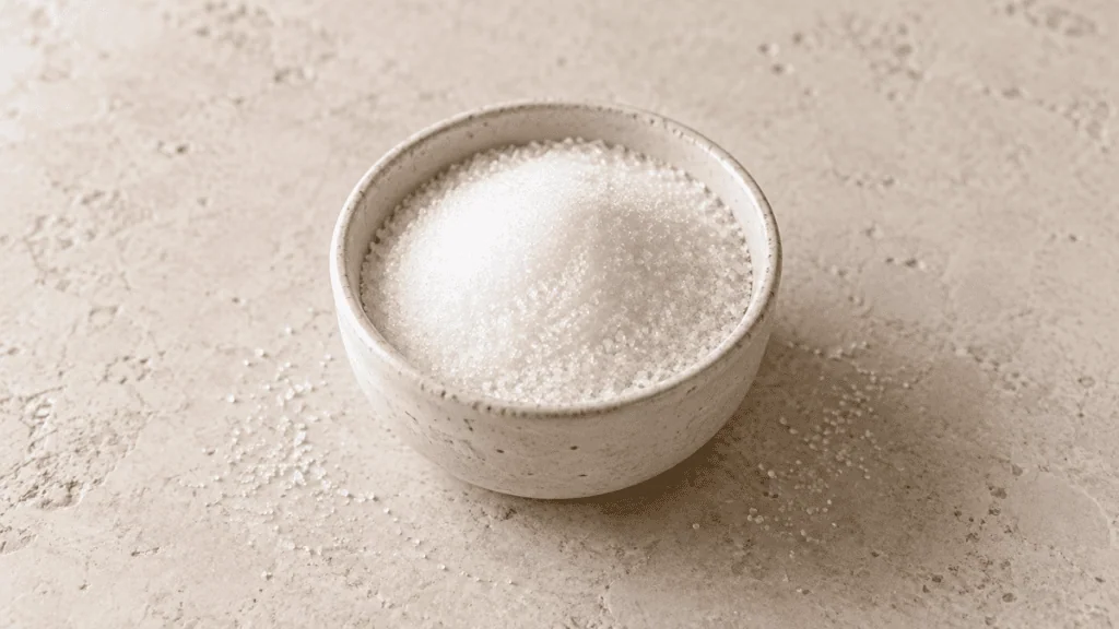 Sucre blanc en poudre dans un bol en grès