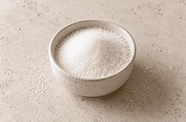 Sucre blanc en poudre dans un bol en grès