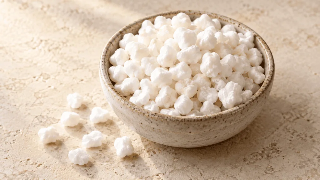 Sucre perlé blanc en petits grains irréguliers dans un bol en grès