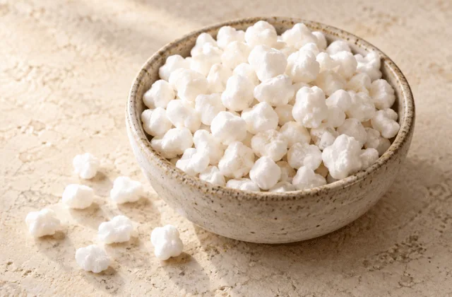 Sucre perlé blanc en petits grains irréguliers dans un bol en grès