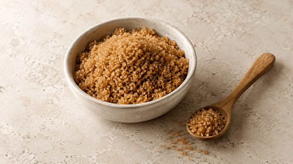 Sucre roux dans un bol en grès avec une cuillère en bois