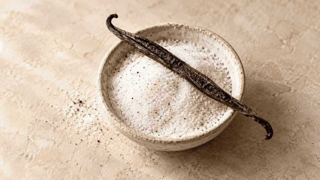 Sucre vanillé avec une gousse de vanille dans un bol en grès