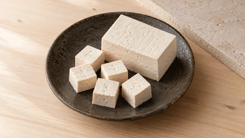 Tofu ferme nature en bloc et en cubes sur une assiette en céramique