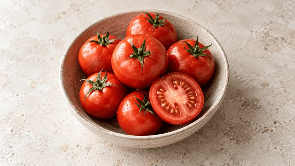Tomates rouges fraîches entières et coupées dans un bol en grès