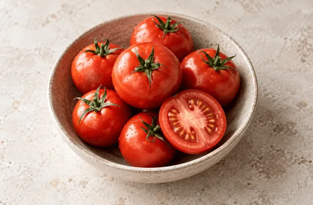 Tomates rouges fraîches entières et coupées dans un bol en grès