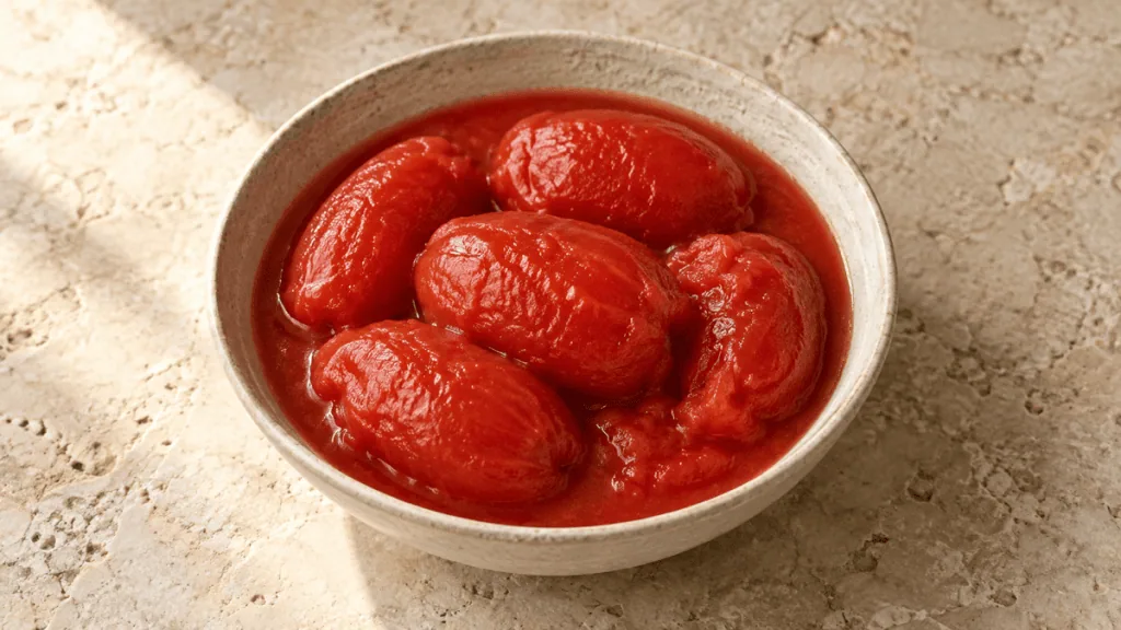 Tomates pelées entières dans leur jus dans un bol en grès