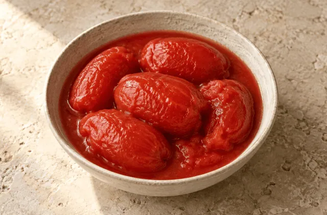 Tomates pelées entières dans leur jus dans un bol en grès