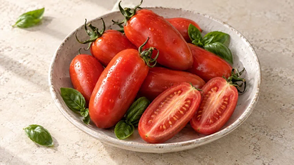 Tomates San Marzano entières et coupées dans un plat en grès