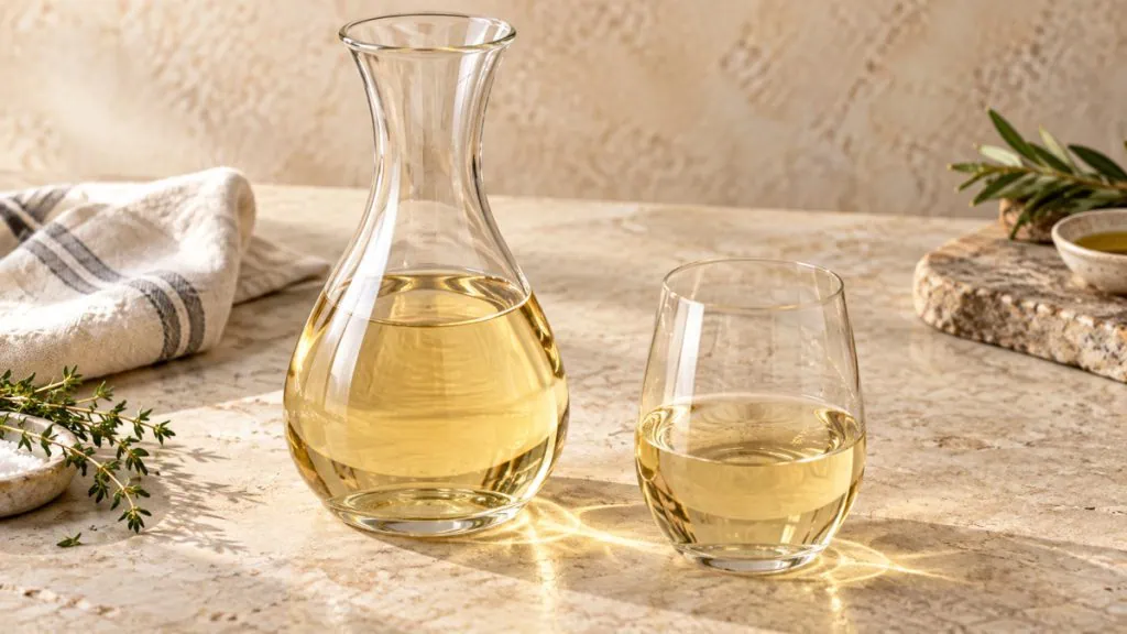 Vin blanc sec dans une carafe et un verre transparents