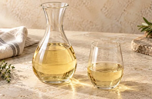 Vin blanc sec dans une carafe et un verre transparents