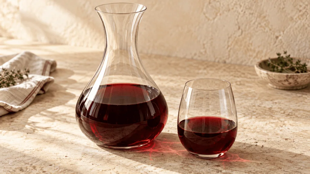 Vin rouge dans une carafe et un verre transparents
