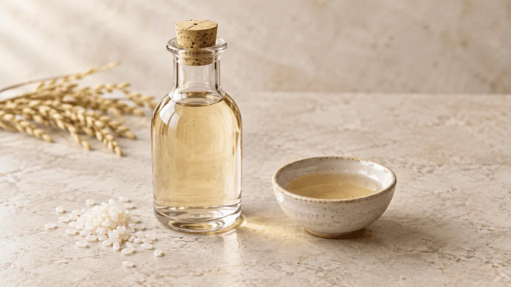 Vinaigre de riz clair dans une bouteille en verre et une coupelle