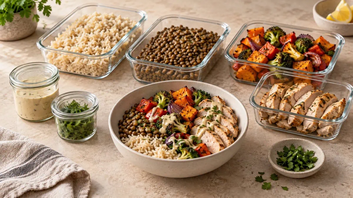Riz, lentilles, légumes et poulet conservés séparément avec un bol repas assemblé