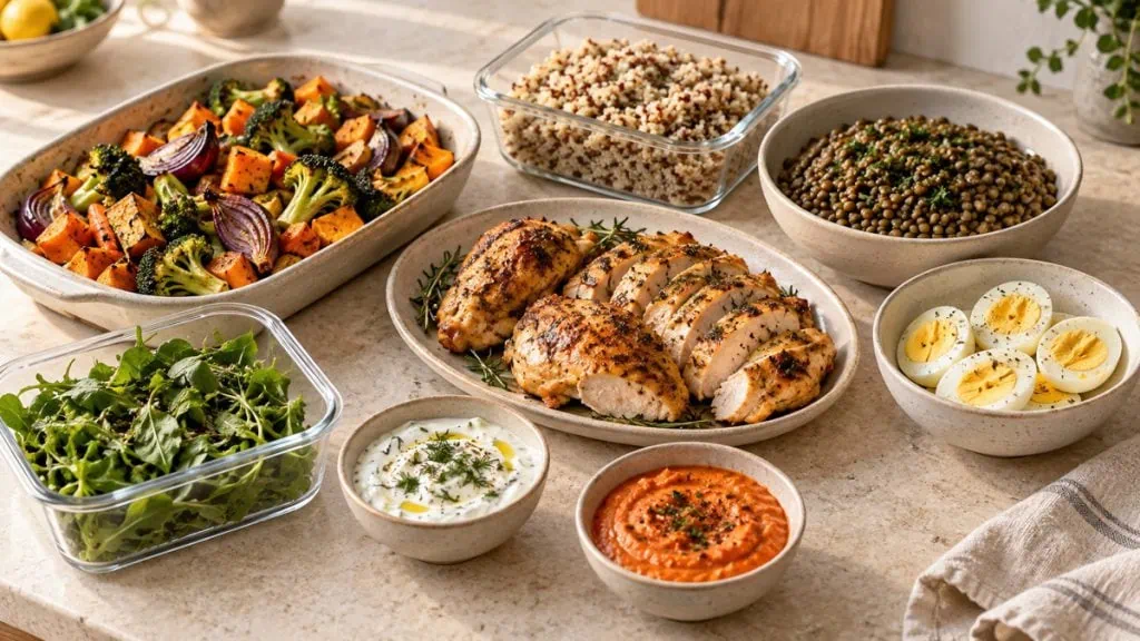 Légumes rôtis, céréales, lentilles, poulet, œufs et sauces préparés pour la semaine