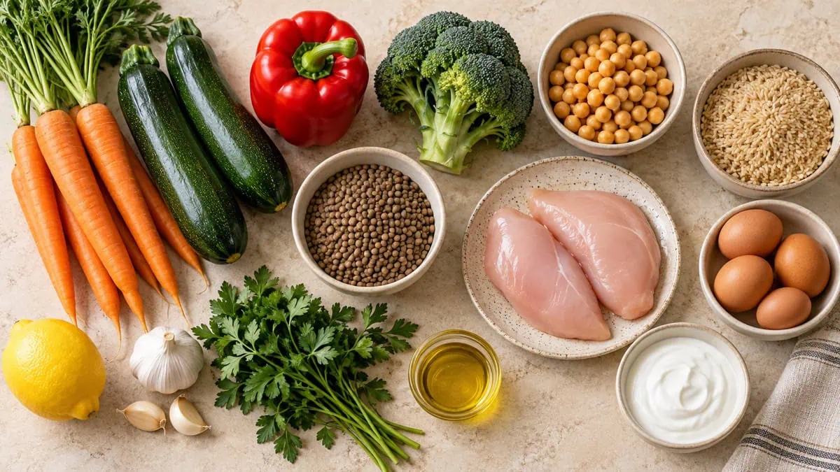 Légumes, riz, lentilles, pois chiches, poulet, œufs et aromates pour le batch cooking