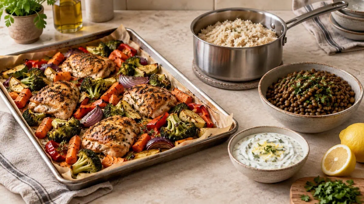 Plaque de poulet et légumes rôtis avec riz, lentilles et sauce préparés en parallèle