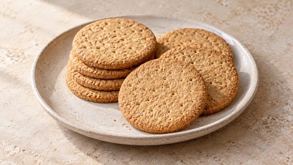 Biscuits digestifs dorés sur une assiette en grès