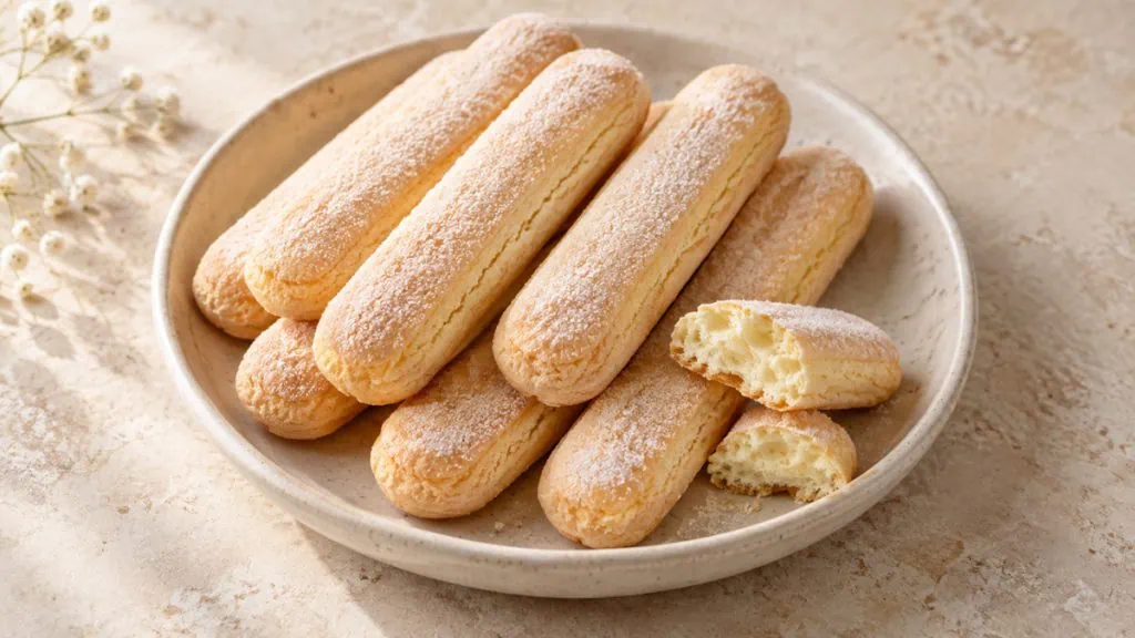 Biscuits à la cuillère saupoudrés de sucre sur une assiette
