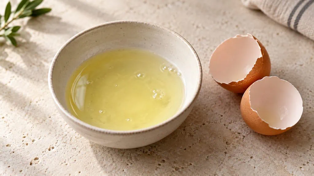 Blancs d’œufs crus dans un bol avec coquilles