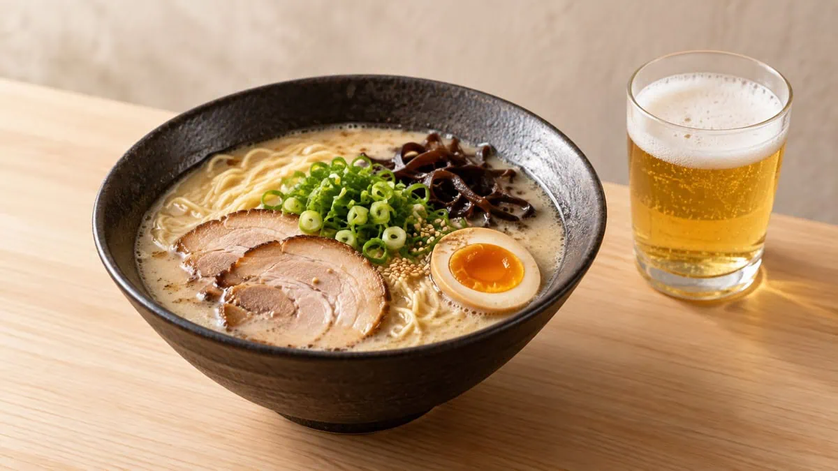 Ramen tonkotsu accompagné d’un petit verre de bière blonde légère