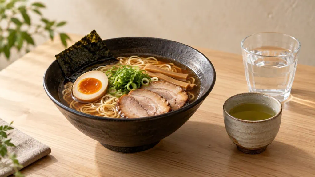 Ramen shoyu accompagné de thé vert et d’eau