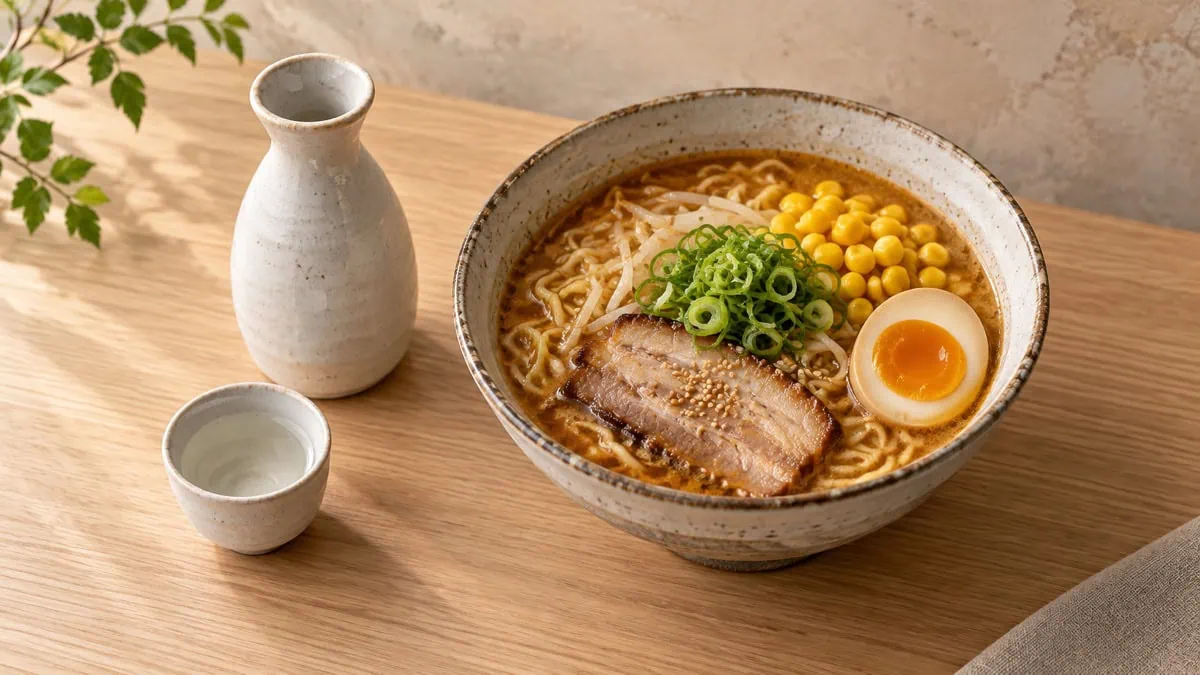 Ramen miso accompagné d’un petit service de saké japonais