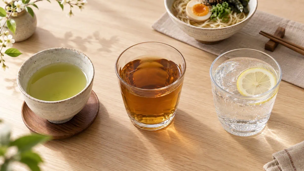 Thé vert thé d’orge grillé et eau pétillante servis avec un ramen