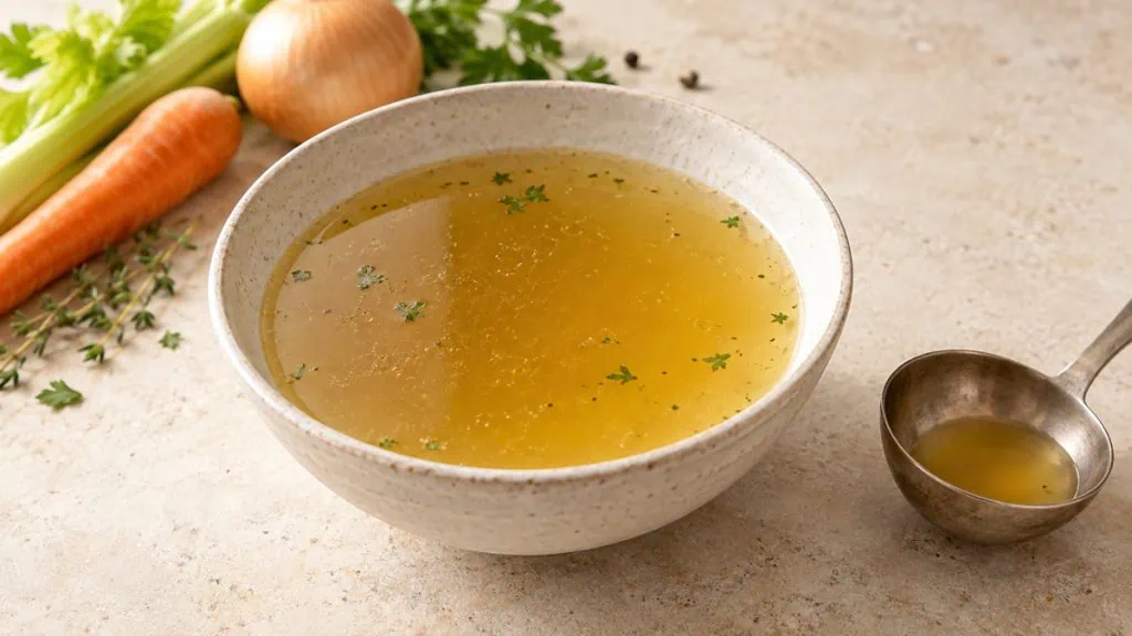 Bouillon culinaire clair et doré dans un bol en grès