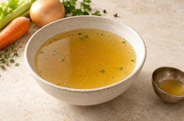 Bouillon culinaire clair et doré dans un bol en grès