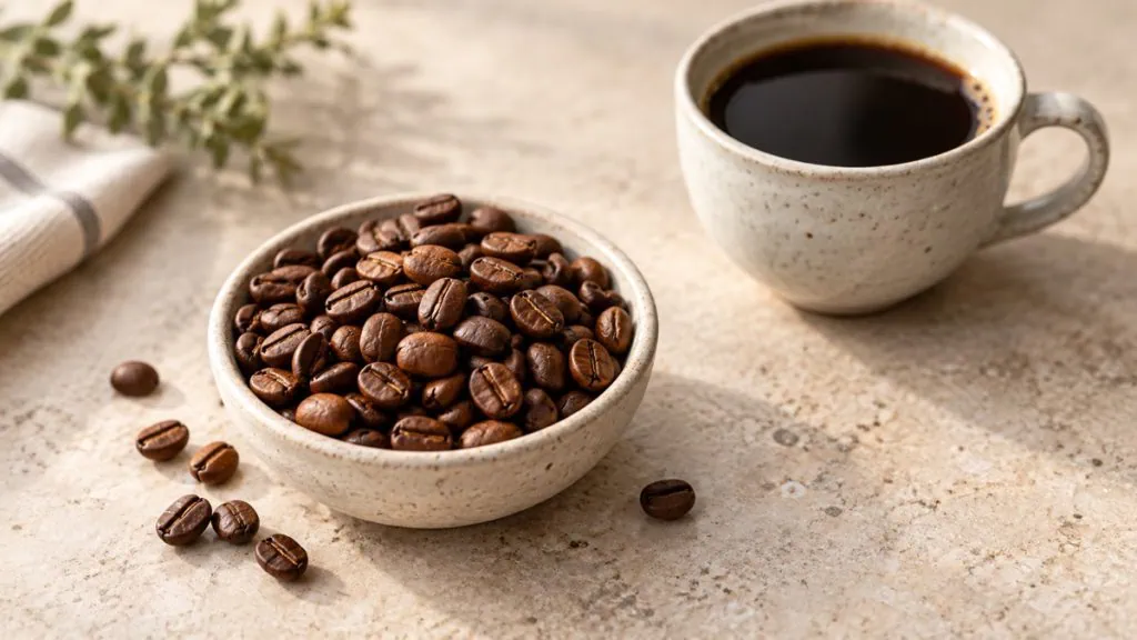 Grains de café torréfiés et tasse de café noir