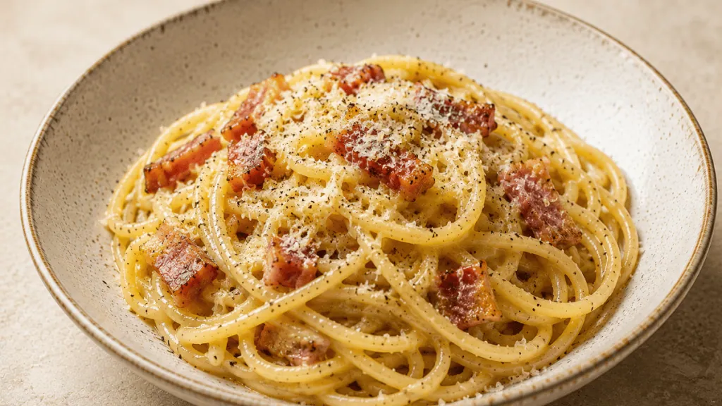 Spaghetti à la carbonara romaine au guanciale et pecorino