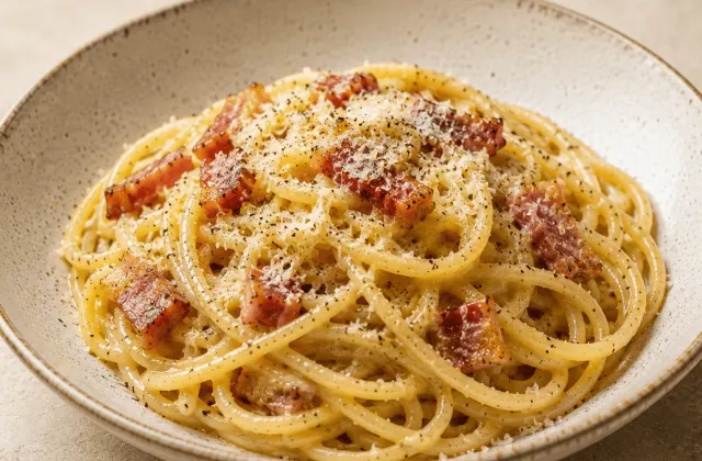 Spaghetti à la carbonara romaine au guanciale et pecorino