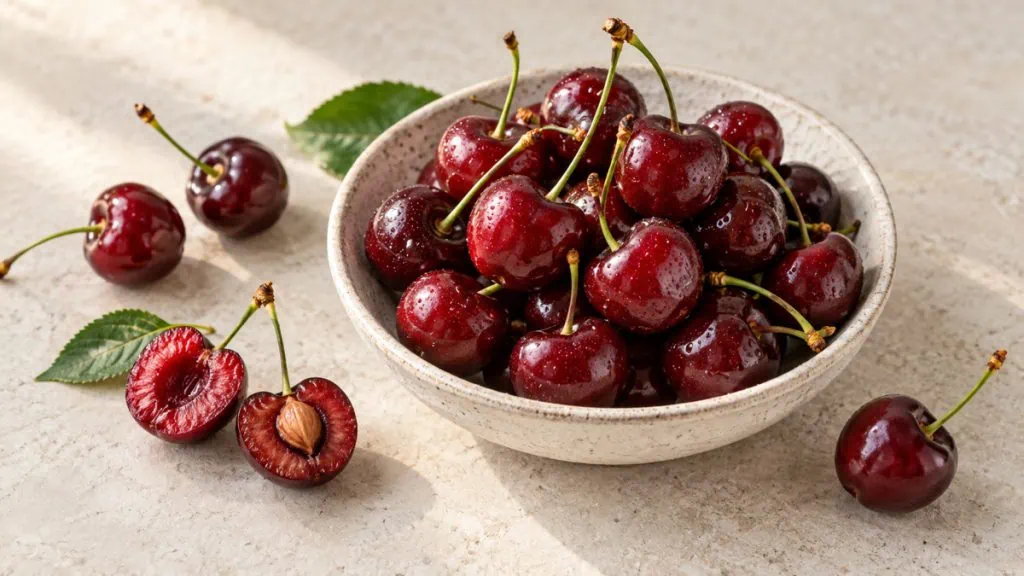 Cerises rouges fraîches entières et coupées
