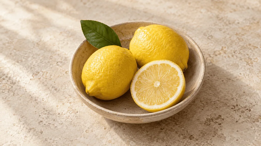 Citrons jaunes entiers et coupés dans un bol en grès
