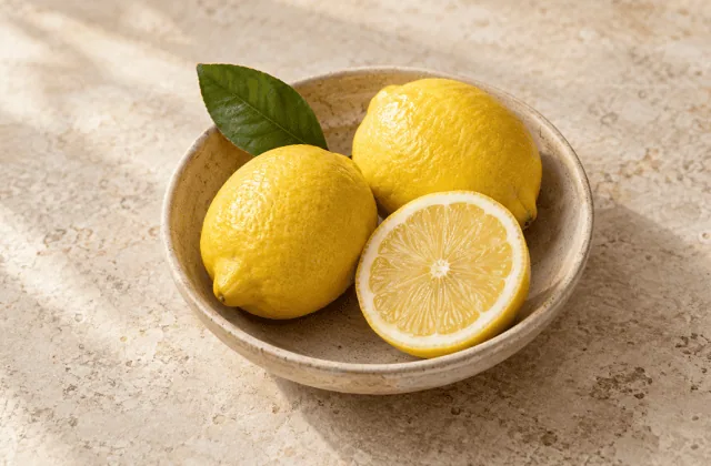 Citrons jaunes entiers et coupés dans un bol en grès