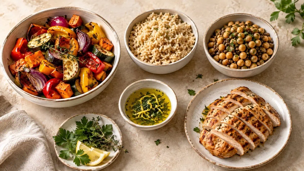 Légumes rôtis, riz complet, pois chiches, lentilles et poulet prêts à composer