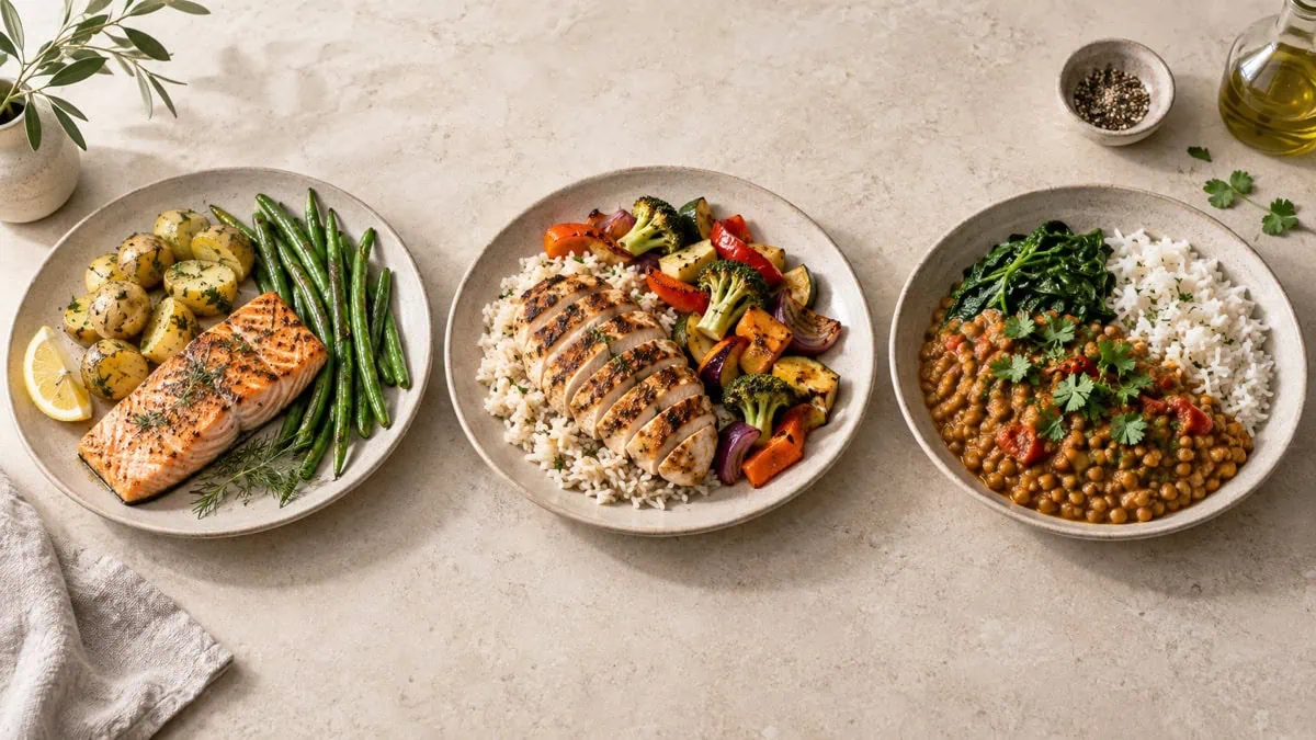 Trois repas équilibrés avec saumon, poulet et lentilles