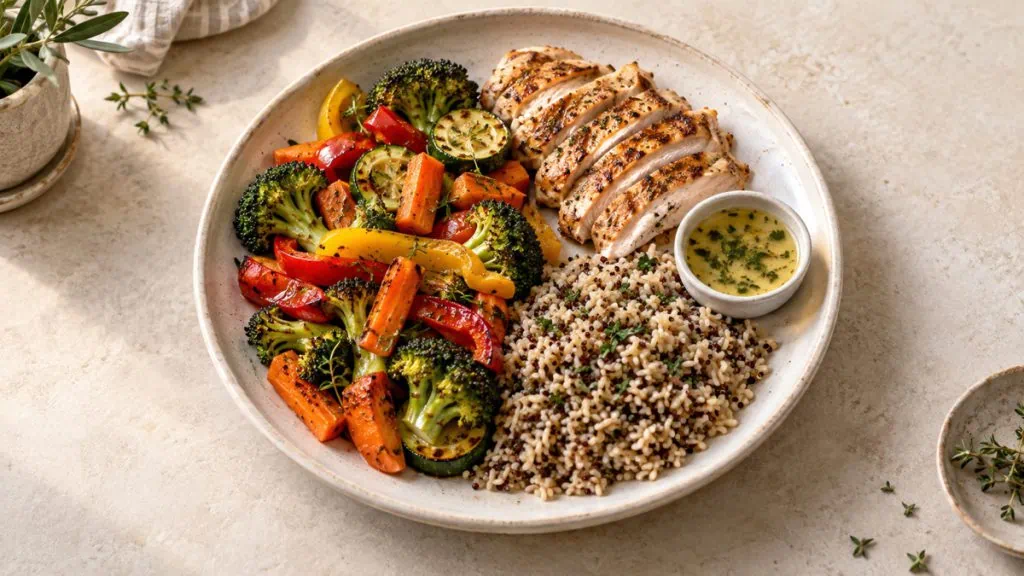 Assiette équilibrée avec poulet, légumes rôtis, riz complet et quinoa