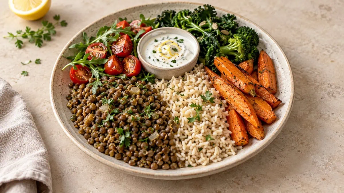 Assiette végétarienne de lentilles, riz complet et légumes