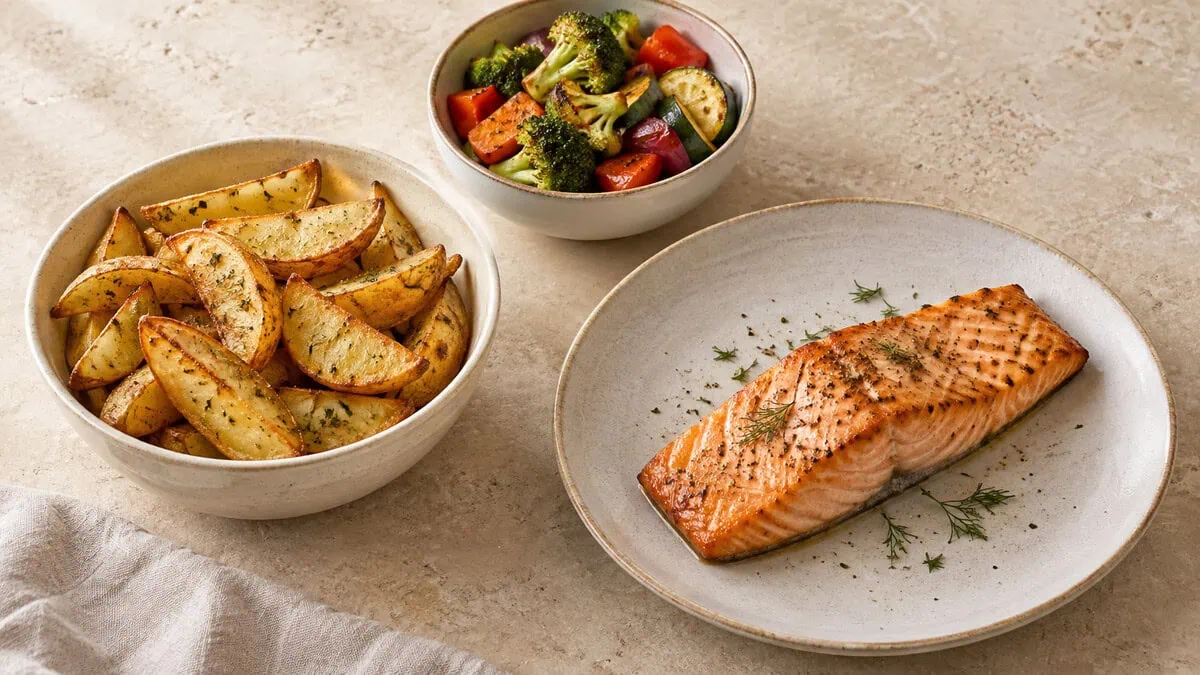 Pommes de terre, saumon et légumes rôtis préparés à l’Airfryer