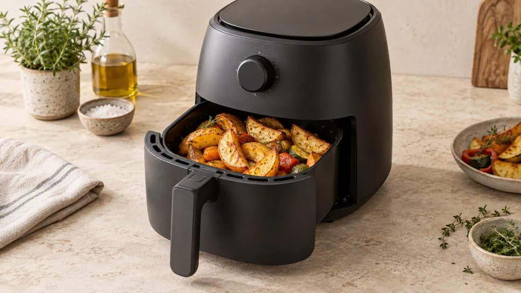 Airfryer ouvert contenant des pommes de terre et des légumes dorés