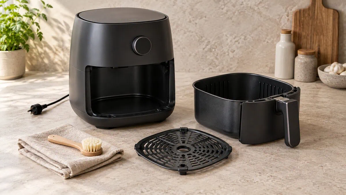 Airfryer débranché avec son panier et sa grille amovibles prêts à être nettoyés