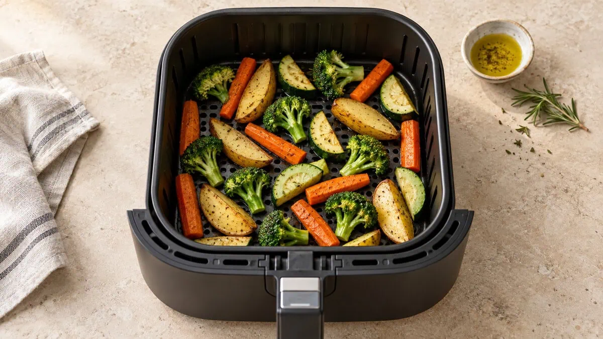 Légumes et pommes de terre espacés en une seule couche dans un panier d’Airfryer