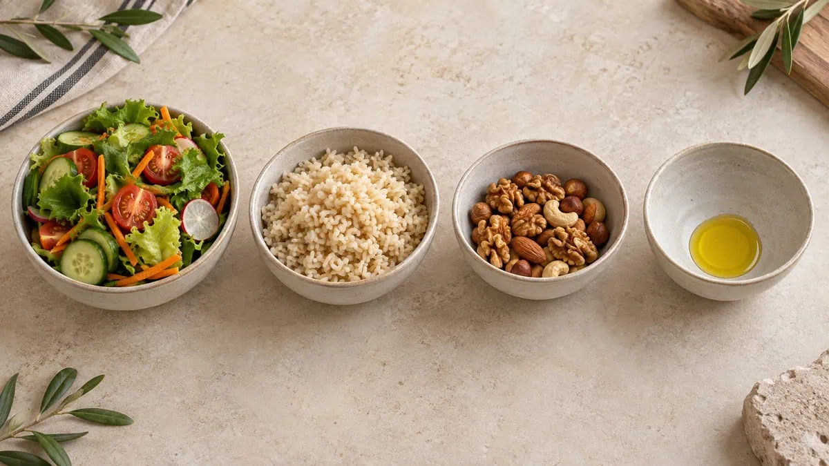 Bols de légumes, riz, noix et petite quantité d'huile illustrant différentes densités énergétiques